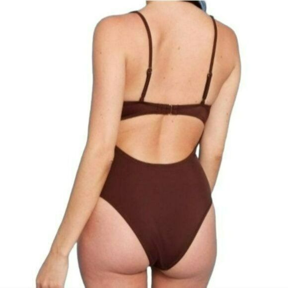 Shade And Shore‎ Plunge Tie-Front Wrap One Piece Brown Swimsuit Size S New - Picture 2 of 4